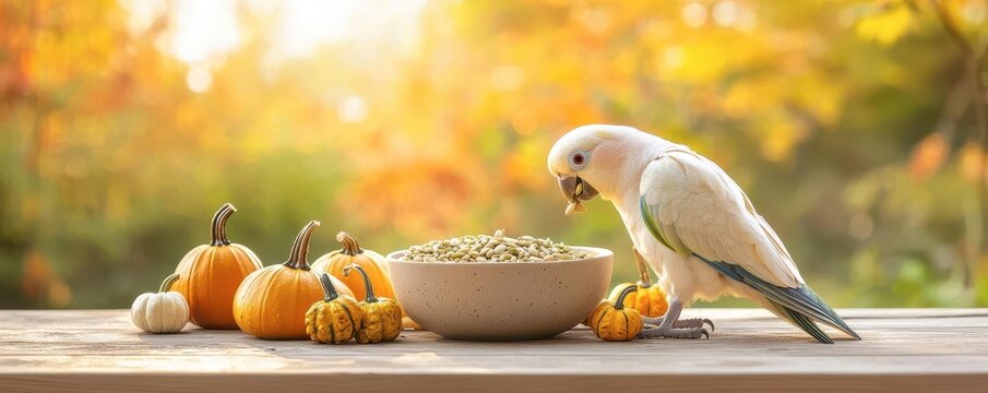 Parakeet perched beside a bowl of seeds and mini pumpkins in autumn scenery.