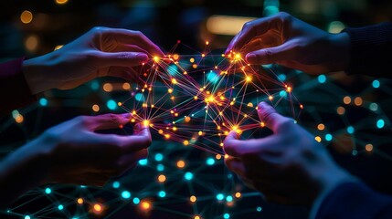 Business team building target Abstract depiction of hands assembling glowing nodes, vibrant lines connecting, teamwork visualized, no face, high-tech, digital painting