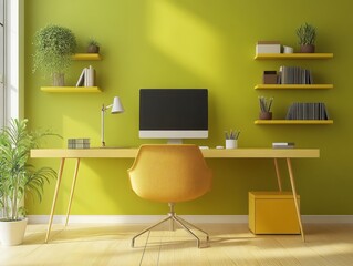 Chic study room featuring olive green wall art and light yellow shelving
