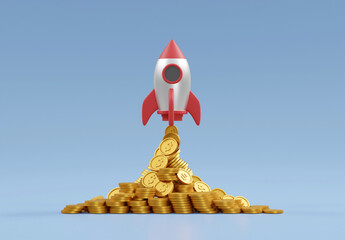 3D rendered illustration of a rocket icon being launched atop a pyramid-shaped pile of coins. It is a symbol of reaching the pinnacle of financial success. accumulation of wealth and strategic growth