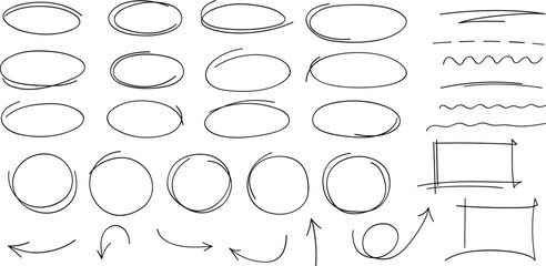 Hand drawn highlight, arrows, text underline strokes and emphasis marks. Set of ellipses, rectangles, squares, ovals and marks. Collection of brush doodle elements and shapes for message notes