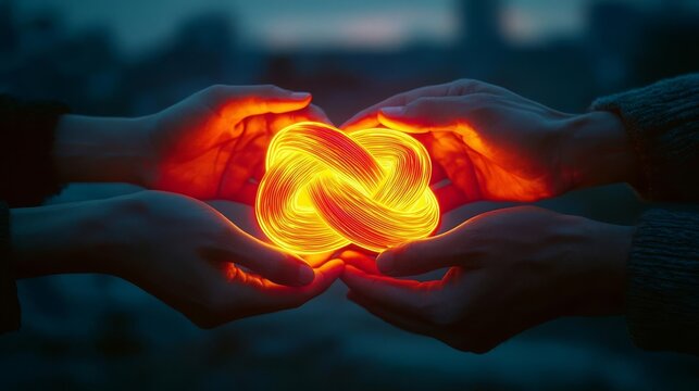 Business team building target Group hands creating a glowing spiral, ambient light effects representing growth and unity, no face, 3D render, high resolution