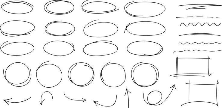 Hand drawn highlight, arrows, text underline strokes and emphasis marks. Set of ellipses, rectangles, squares, ovals and marks. Collection of brush doodle elements and shapes for message notes