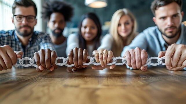 Business team building target Office group making a chain with paper links, no visible faces