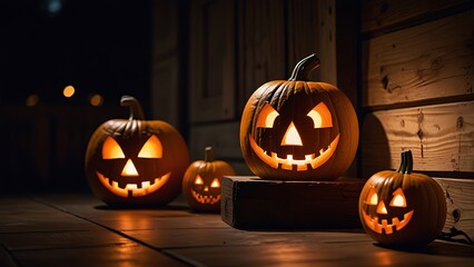 A row of carved jack-o'-lanterns glowing brightly, sitting on a wooden porch illuminated by candlelight, setting the perfect Halloween night mood.
