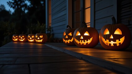 A row of carved jack-o'-lanterns glowing brightly, sitting on a wooden porch illuminated by candlelight, setting the perfect Halloween night mood.
