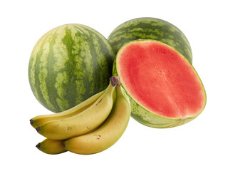 Fresh golden bananas and watermelon cut out isolated transparent background