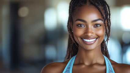 African American Black Woman Fitness Trainer - smiling, woman, fitness, gym, portrait, healthy, lifestyle, exercise, athlete, wellness, beauty, model, hair, braided hair, confidence, training
