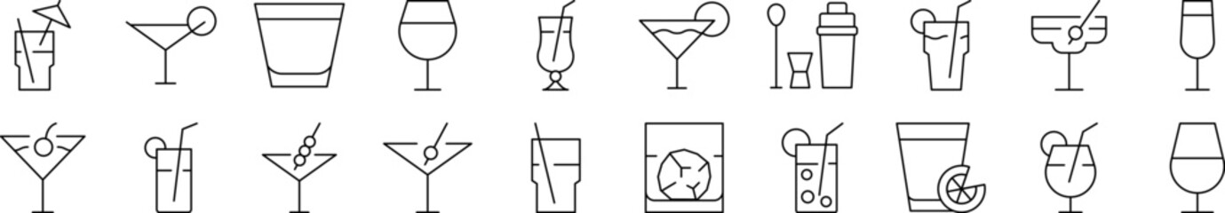 Beach Cocktail Outline Image Collection. Editable Stroke. Perfect for Infographics, Articles, Books, Flyers, Banners