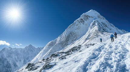 A clear blue sky over a snowy mountain peak, with climbers making their way up the steep path.