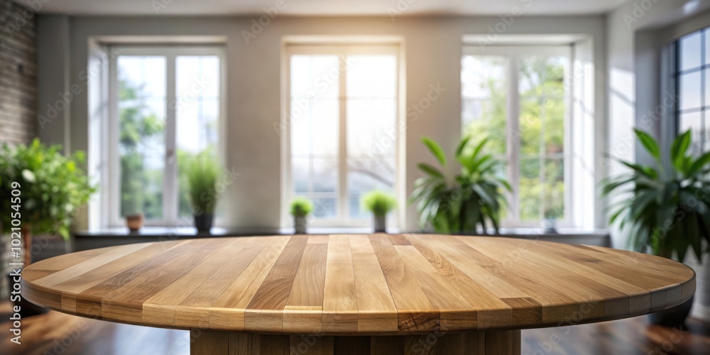 Poster empty wooden tabletop with a view of bright windows and plants