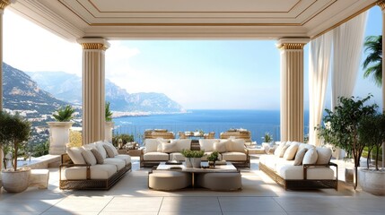 Obraz premium A luxurious outdoor space featuring elegant furniture and decor, offering a breathtaking view of the sea and mountains