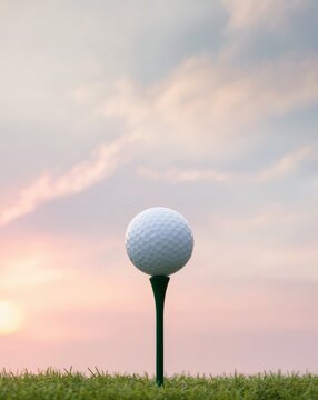 Golf ball positioned on a tee with a sunrise background capturing a serene and early morning atmosphere.