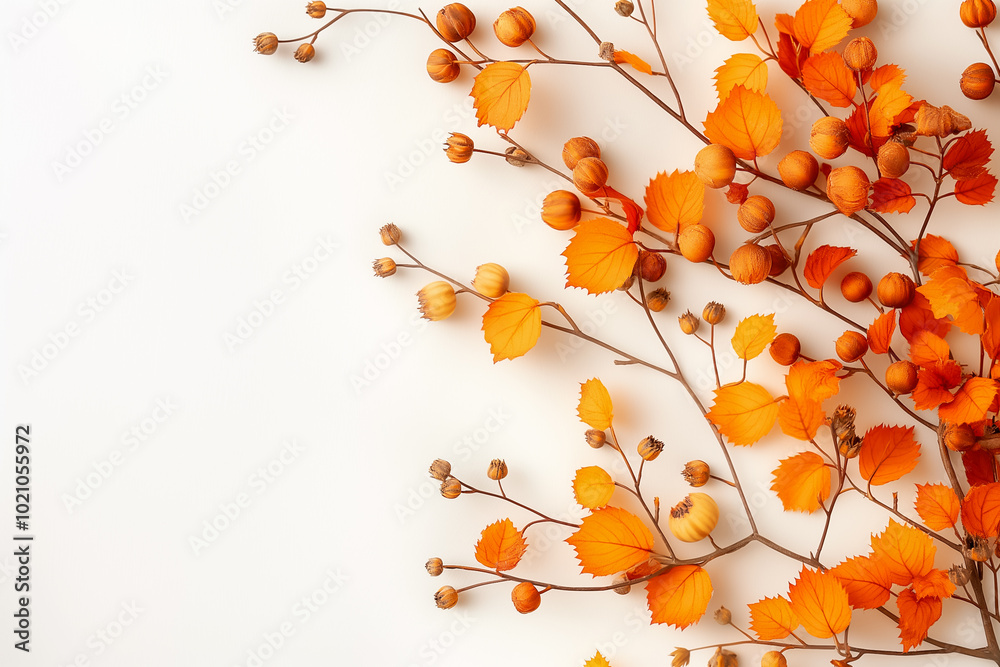 Canvas Prints A decorative composition features an array of bright orange leaves and delicate berries, beautifully arranged against a clean white background, evoking the spirit of fall