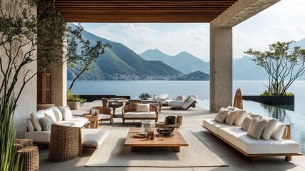 A stunning seaside patio with luxurious outdoor furniture and decor, set against a backdrop of mountains and the ocean