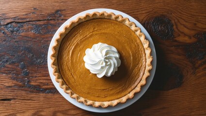 Flat lay of a slice of pumpkin pie with whipped cream on a dark rustic surface.