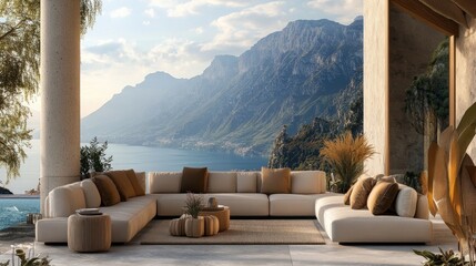 An elegant outdoor living area with plush seating, luxurious decor, and a stunning mountain backdrop with the sea in view