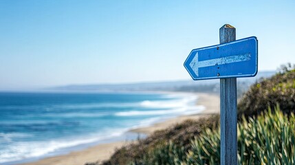 A close-up of a blue street sign pointing toward the ocean, with the beach in the background under a sunny sky.