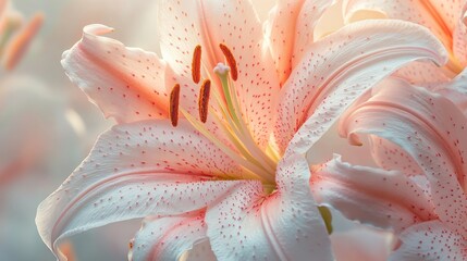 Close-up of a beautiful pink and white lily bathed in soft morning light.