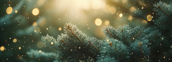 Close-up of green fir branches against the backdrop of snowfall
