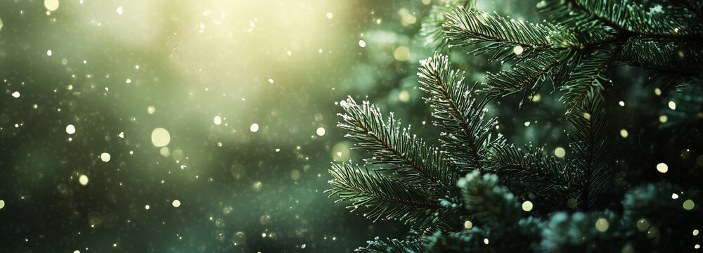 Close-up of green fir branches against the backdrop of snowfall