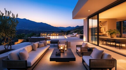 Fototapeta premium A beautifully designed outdoor space with luxurious furniture, stylish lighting, and a view of the mountains and ocean
