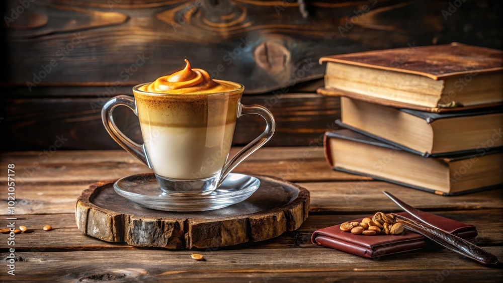 Poster aromatic latte with creamy foam in a glass cup on wooden surface with books and nuts