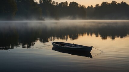 Obraz premium A single rowboat sits still on a misty lake at sunrise.