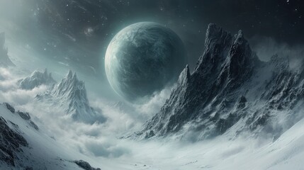 Mysterious icy landscape with towering peaks under a distant planet.