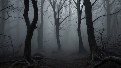 A dark and eerie forest filled with towering, bare trees, thick fog creeping through, creating a haunting and chilling Halloween vibe.