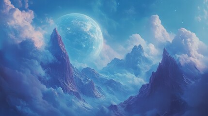 Ethereal moonlit mountain peaks amidst fluffy clouds in a serene, dreamlike landscape.