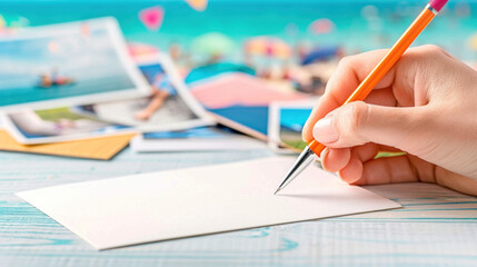 Handwriting letter on white paper with pen overlooking beach and photographs.