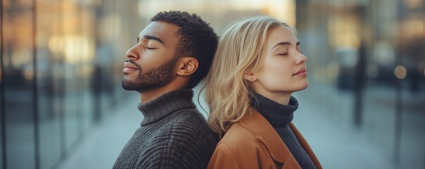 Two people standing back to back with closed eyes, leaning on each other, representing trust and reliance, trust and reliance, relationship trust
