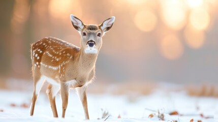 Young fawn standing in snowy forest with sunlit bokeh background