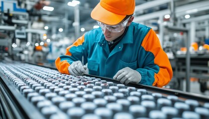 Quality control inspector marking defective products on a conveyor belt, industrial background with efficient production flow