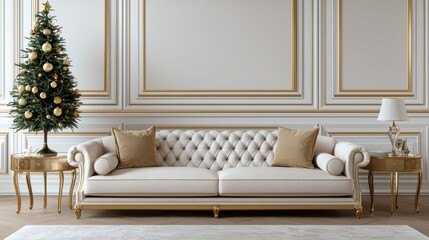 A stylish living room features a tufted cream sofa, gold accents, decorative tables, and a Christmas tree, creating an elegant holiday ambiance.