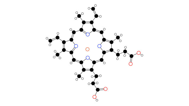 heme b molecule, structural chemical formula, ball-and-stick model, isolated image haem b