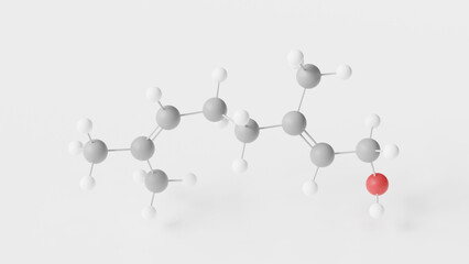 geraniol molecule 3d, molecular structure, ball and stick model, structural chemical formula monoterpenoid