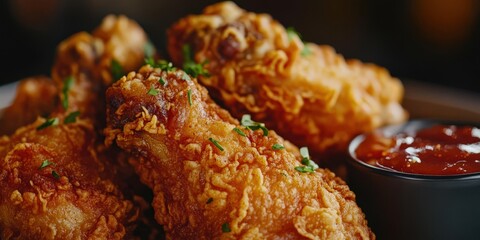 Delicious crispy fried chicken drumsticks served with a side of tangy ketchup.