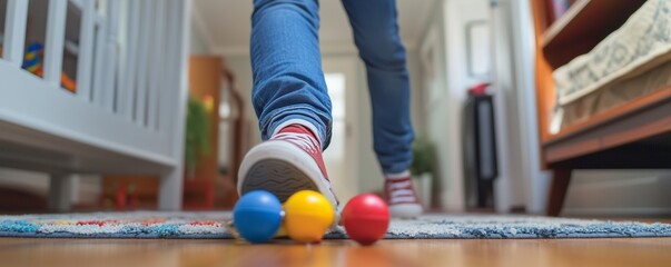 Person tripping over toys left on the floor, showcasing common household accidents, trip hazard, household clutter
