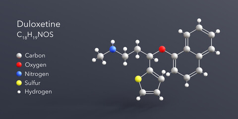 duloxetine molecule 3d rendering, flat molecular structure with chemical formula and atoms color coding