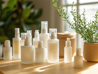 A selection of organic skincare products in frosted glass bottles, neatly arranged on a vanity table with a small plant, highlighting purity and health