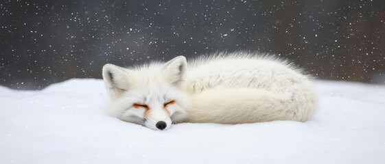 Fototapeta premium Arctic fox sleeping peacefully on a snowy landscape with soft snowflakes falling.