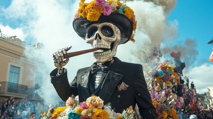 A skeleton figure in a black suit with a cigarette in its mouth at the festive parade celebrating Dia de los Muertos is decorated with flowers and garlands and embodies cultural celebration.