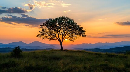 A lone tree on the horizon against an orange and blue sky at sunset, standing tall in green grassy hills with distant mountains.