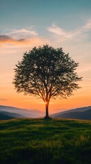 Obraz premium A lone tree on the horizon against an orange and blue sky at sunset, standing tall in green grassy hills with distant mountains.