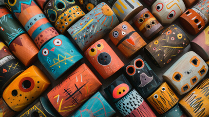 A top-down view of multicolored wooden robots, lying on a flat surface with each robot painted in different patterns, creating a playful and diverse arrangement.