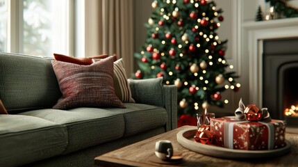 A cozy living room with a decorated Christmas tree, festive presents, and a warm atmosphere.