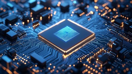 Fototapeta premium Brightly Glowing Circuit Paths Leading to Central Processor. Generative AI