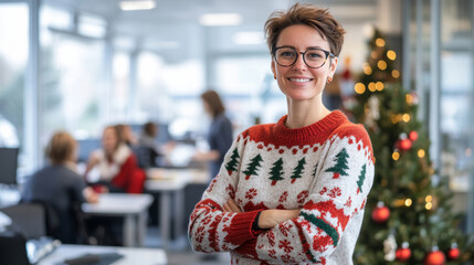 Manager is smiling while wearing an ugly christmas sweater in the office with her coworkers